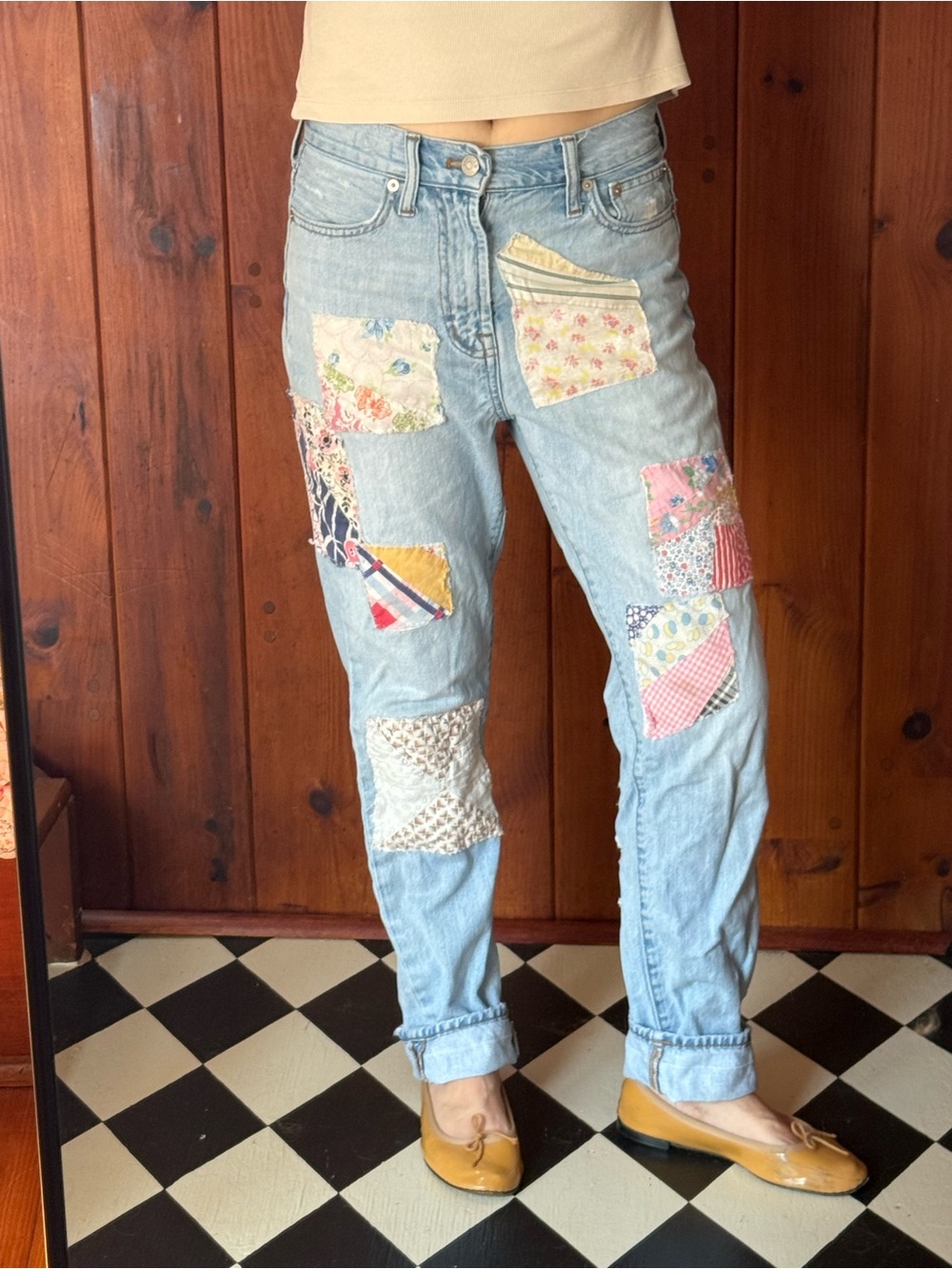 Madewell Light Wash Boyfriend Jeans with Floral Patchwork